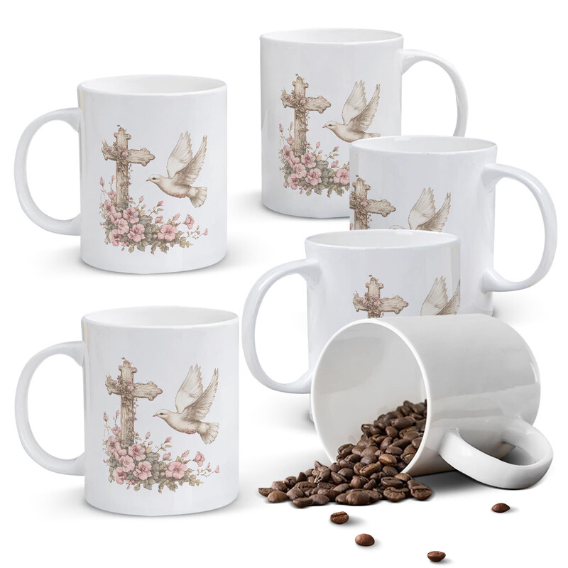 1pc Dove and Cross Mug, 11oz White Ceramic Cup with Flying Pigeon, Floral Cross and P