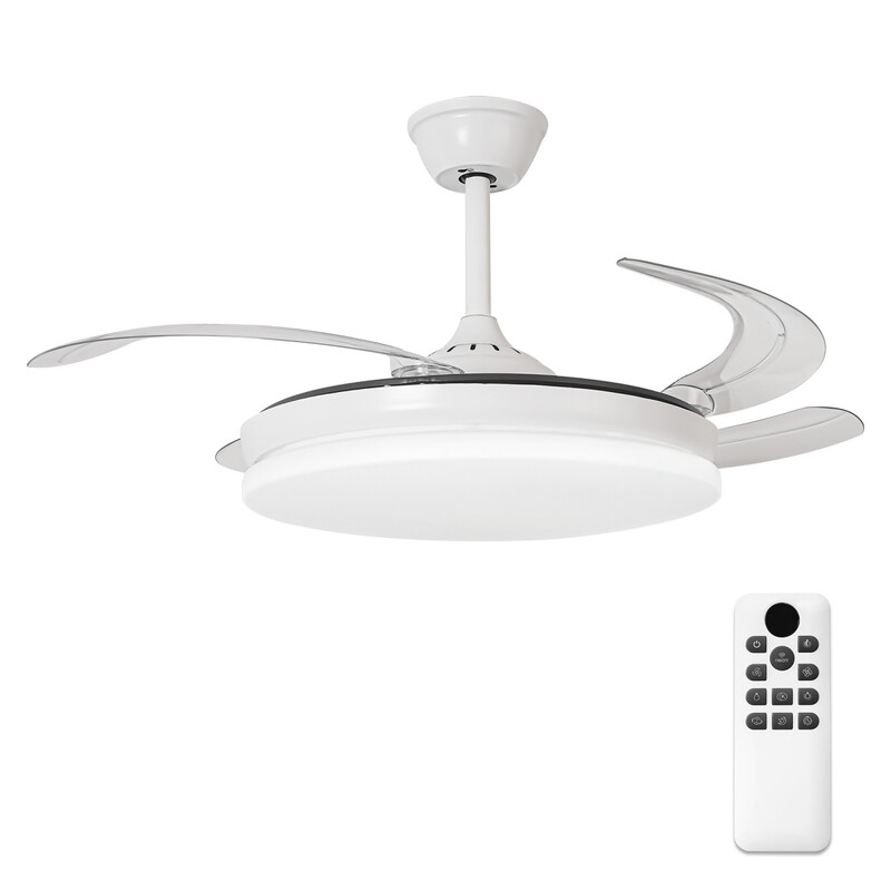Parrot Uncle 42 Zoll Deckenventilator mit Licht und einziehbaren Flügeln, 36 W DC-Motor, Weiß - Rundes Design