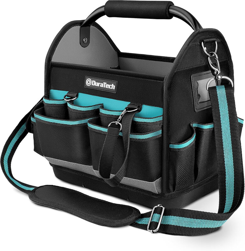 DURATECH Werkzeugtasche 30,5 x 22 x 30 cm, robuste 900D-Offene Werkzeugtasche, Elektriker-Werkzeugtasche mit drehbarem Stahlrohrgriff und verstellbarem Schultergurt, Sanitär-Werkzeugtasche mit mehreren Fächern