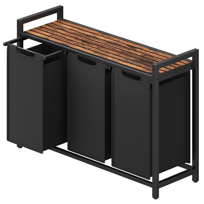JOYFURNOS Wasmand, Wasmand met 3 Vakken, Uittrekbare en Uitneembare Binnenzakken, Kledingverdeler, Plank, Metalen Frame, 3 x 40 L, 92,5 x 33 x 72 cm, Inktzwart en Rustiek Bruin