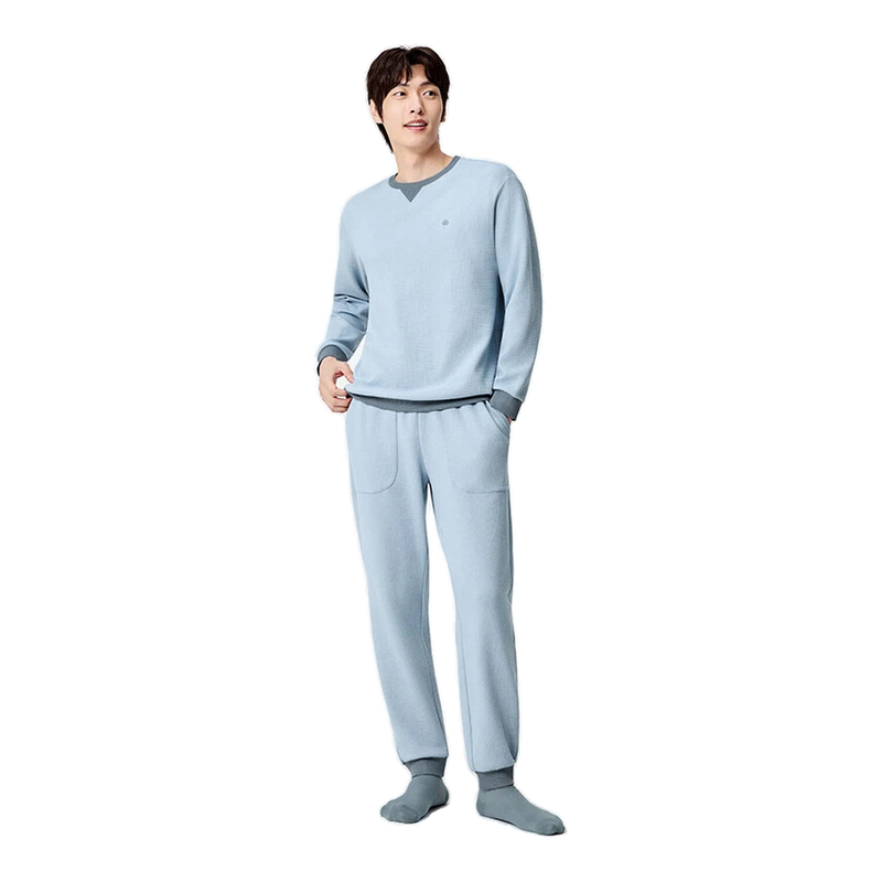 Purcotton Herren-Hausanzug-Set aus Waffelstrick, Aurorablau, Oberteil: UK 42 (XL); Unterteil: UK 36 (XL)