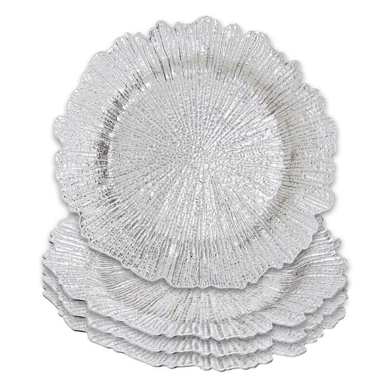 Set of 4 33cm Dia Silver Finish Reef Charger Plates