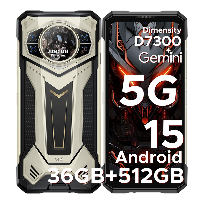 DOOGEE S200 Plus Robuuste Smartphone 5G, Dimensity 7300, (16 GB + 20 GB) + 512 GB met 1,32" Dynamisch Achterscherm Android 15 Robuuste Telefoon, 10100 mAh, 100 MP + 20 MP Nachtzichtcamera, 6,72", 120 Hz, NFC, Gemini AI Dual SIM