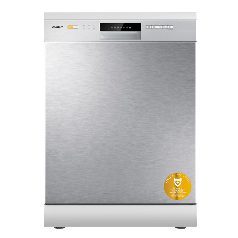Comfee' CDWPF1201PS Freistehender Geschirrspüler, 12 Maßgedecke, Startzeitvorwahl, Halbe Beladung, 72 °C Hygienespüler, Flexible Körbe, Edelstahl-Innenraum, 49 dB, Tastensteuerung - Silber [Energieklasse E]