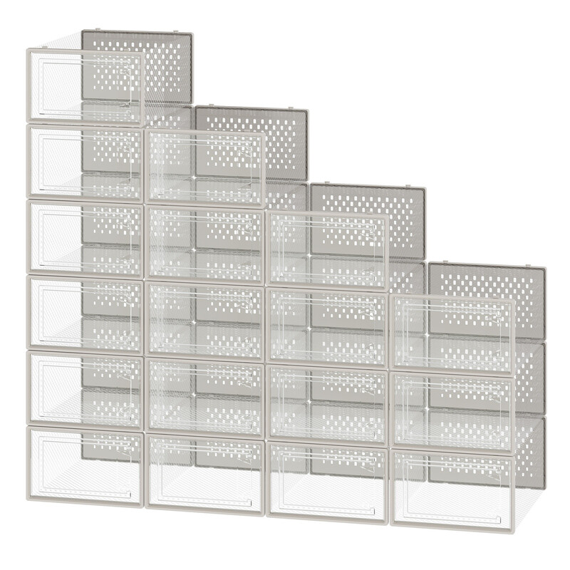 JOYFURNOS Stapelbare Schuhboxen, 18er-Pack Schuh-Aufbewahrungs-Organizer, Passend für UK-Größe 11, Transparent und Beige