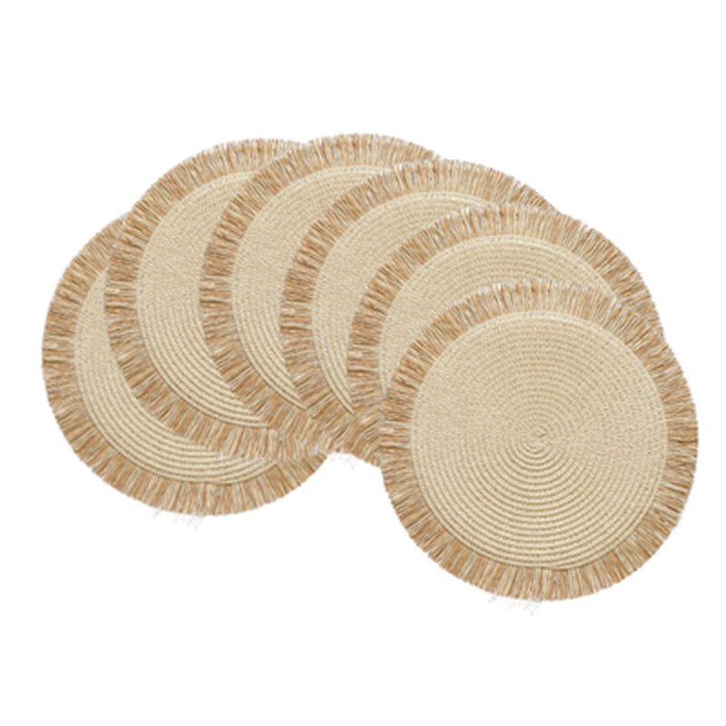 Nine-piece paper braid + tasseled placemat Beige + camel tassels，6pcs Bohemian-Style 