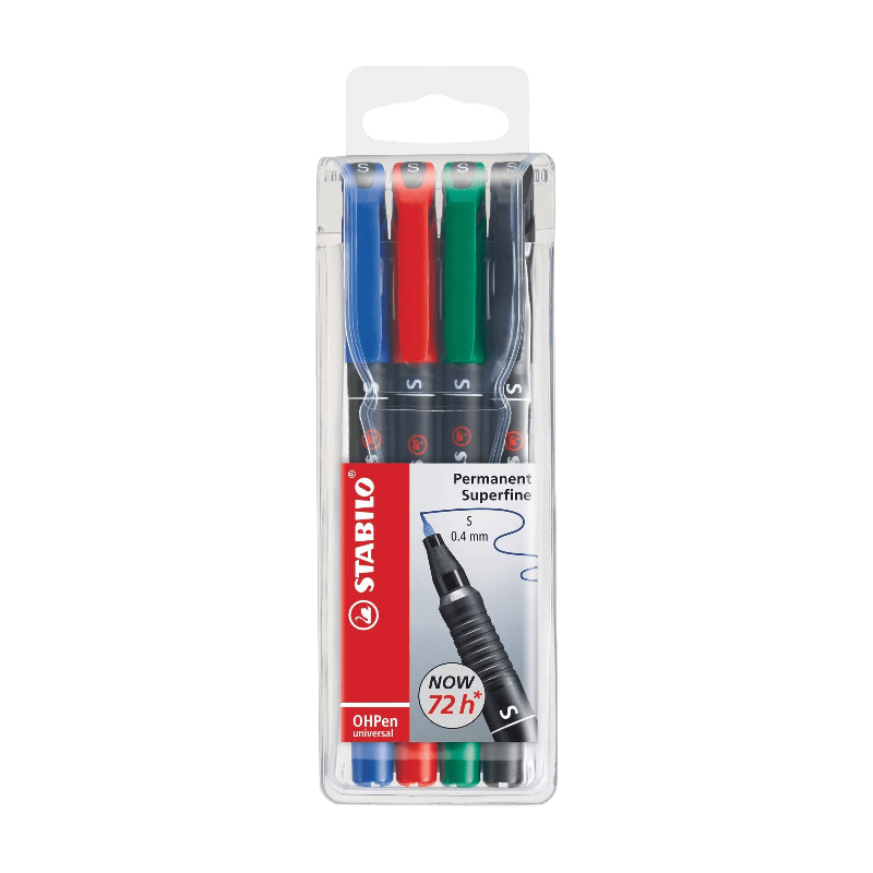 STABILO OHPen universeel - Pen voor overheadprojectie - Permanent superfijn (S) - Set van 4 - Assorti kleuren