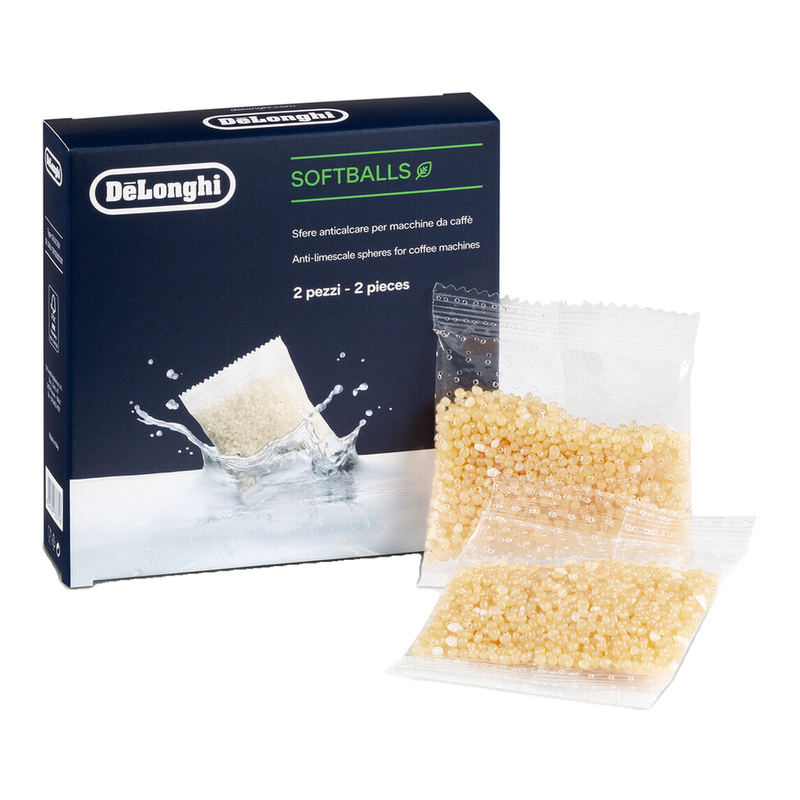 DE‘LONGHI SoftBalls DLSC551 – Antikalk-Kügelchen für Kaffeemaschinen mit Wassertank, Kalkreiniger & Wasserenthärter, 2 Beutel, Weiß
