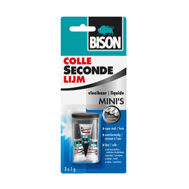 Bison Secondelijm Vloeibaar Mini's 3 x 1g, sterke secondelijm, speciale min verpakking, vaatwasser bestendig, water resistent, voor iedere reparatie in en om het huis