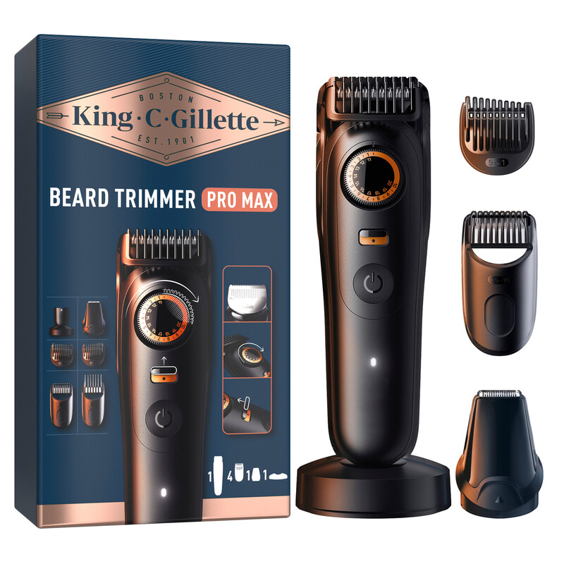 King C. Gillette Barttrimmer: Kabelloser PRO MAX Trimmer für Männer mit 40 Längeneinstellungen, Style-Lock & 4 Kammaufsätzen