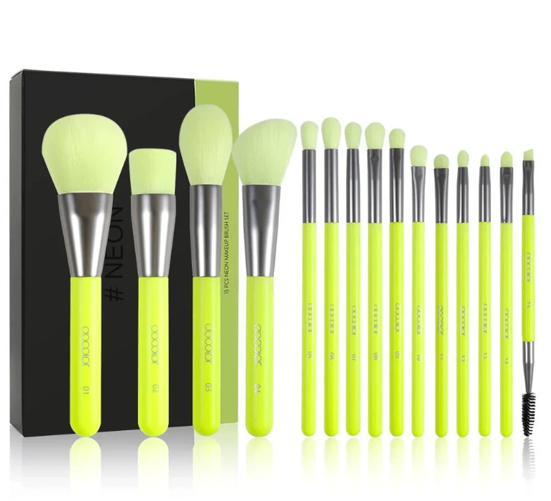 docolor neon green - 15-piece set of synthetic brushes -