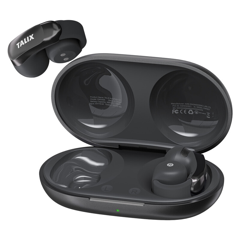 TALIX ultra-light clip-on wireless earbuds, clear calls with 4 microphones, 28 h battery, fast charge, Bluetooth 5.3, IPX4 water resistant, silicone earhook, G1, Black