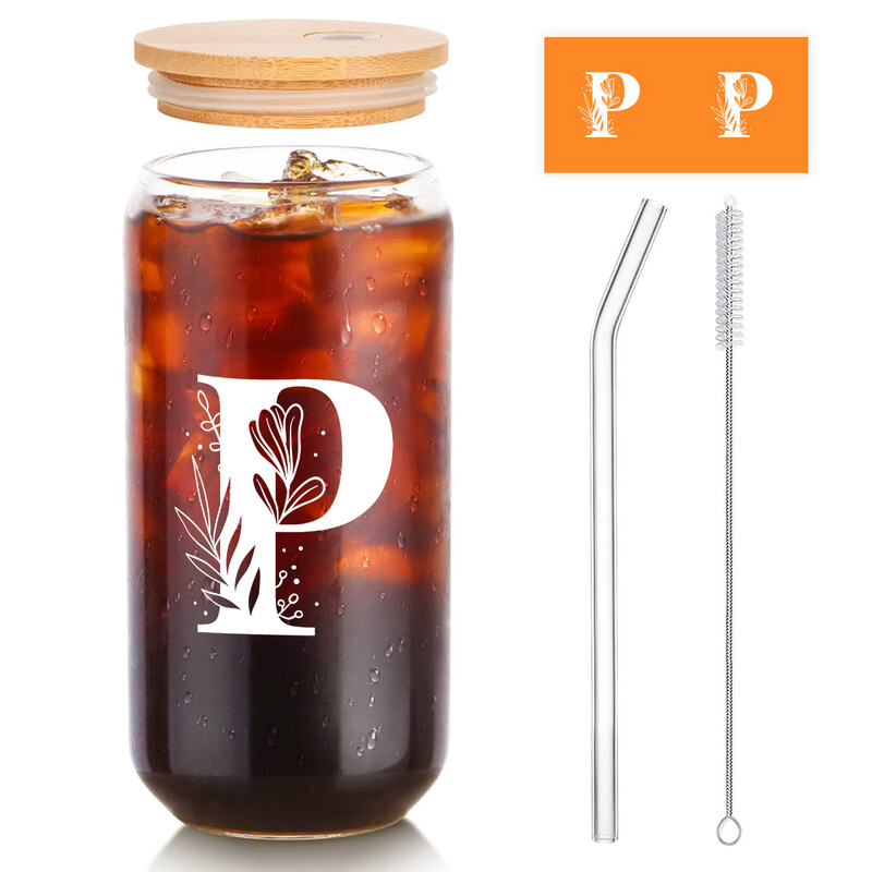 1pc Modern Glass Cup, 500ml Tall Iced Coffee Glass with Monogram "P" Design, Bamboo L