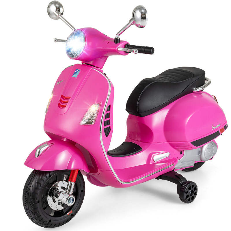 Costway 12 V gelicentieerde Vespa elektrische kinderscooter, 4-wielige motorscooter met muziek, claxon, verhalen en zijwieltjes, leeftijden 3-6, roze