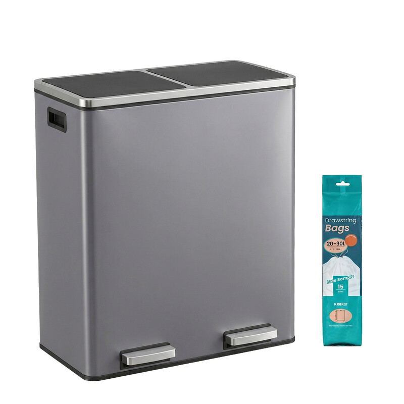 JOYFURNOS Recycling Trash Can, 2-Compartment Pedal Bin with Lids and Soft Close, Kitchen Waste Separator, Metal, Slate Grey