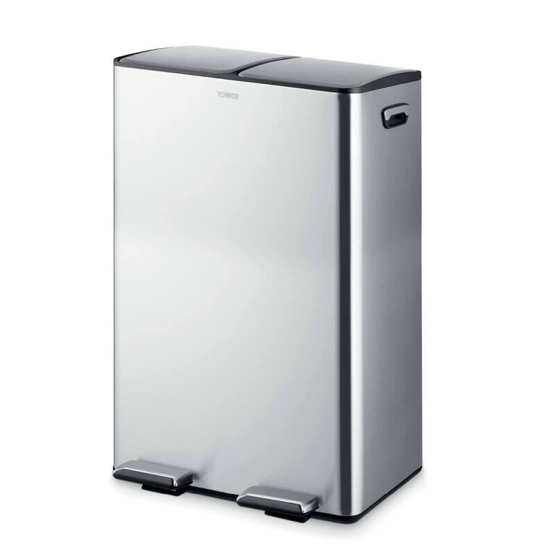 Tower Black Recycling Pedal Bin With Two Compartments, 60 L, Stainless Steel