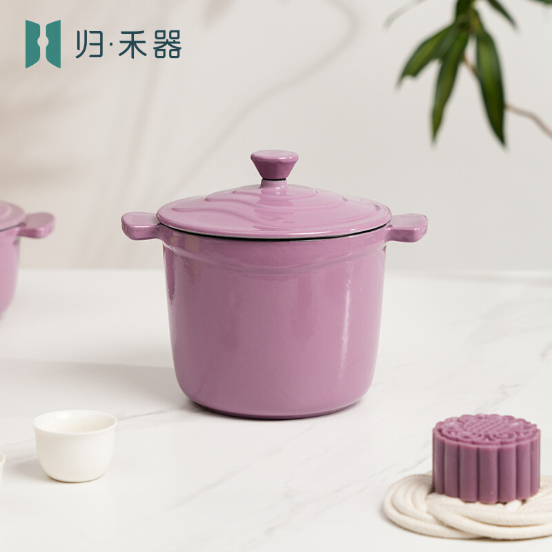 Guiheqi Geëmailleerde Gietijzeren Babyvoedingspan, Enkelpersoons Multifunctionele Minipan voor Pap & Soep, Geschikt voor Inductiekookplaat, Enkelpersoons Hotpot, Lila Paars, 14 cm 1,3 L