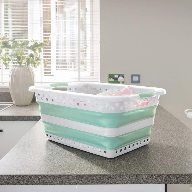 45L Collapsible Laundry Basket - White & Aqua Haze