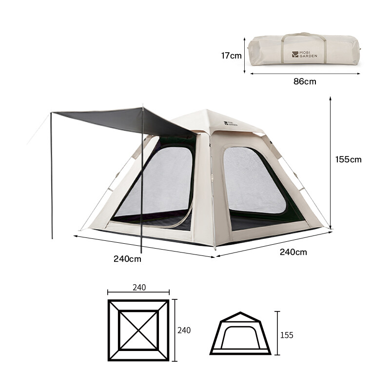 Mobi Garden, Automatisches Pop-up-Campingzelt 155, Verdunkelung & UV-Schutz, Sofort aufbaubar, Faltzelt, Grau, für Outdoor & Picknick, Schneller und müheloser Aufbau, Kompakt für einfache Lagerung und Transport, Großer Wohnraum, Hervorragende Belüftung mi