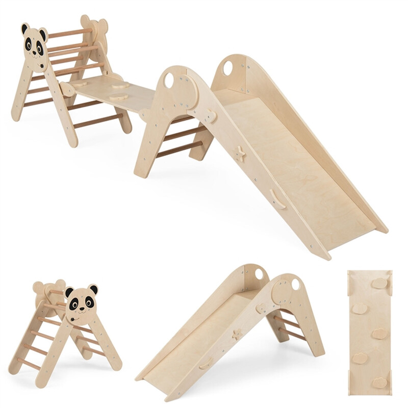 Jouet d’escalade pliable triangulaire pour enfants, ensemble d’escalade Montessori en bois sur le thème du panda - coloris bois naturel