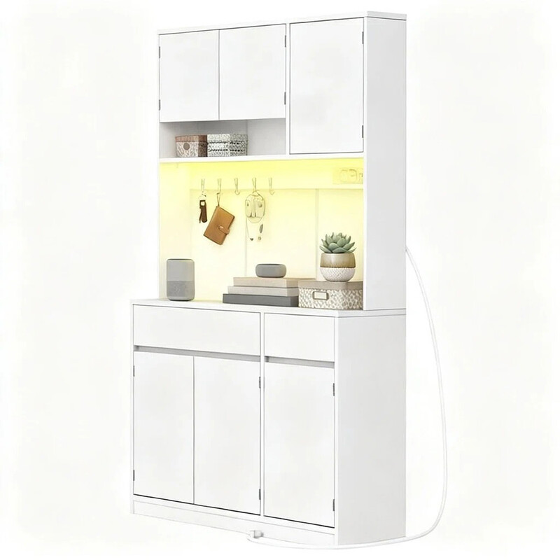 HaluPeit keukenkast, dressoir, keukenladekast met stopcontacten en led-stripverlichting, met werkbladen en 2 lades, verstelbare planken, keuken, 40 x 100 x 180 cm, wit