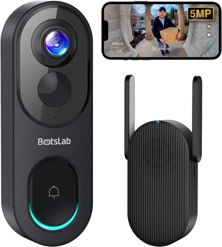 Botslab 5 MP draadloze deurbelcamera, 180° hoofd-tot-voeten weergave, 32 GB SD-kaart | Pakketdetectie, AI-bewegingsdetectie, VR-modus, Gevoed via batterij of bedraad, 2-weg audio, Eenvoudige installatie, Alleen 2,4 GHz wifi