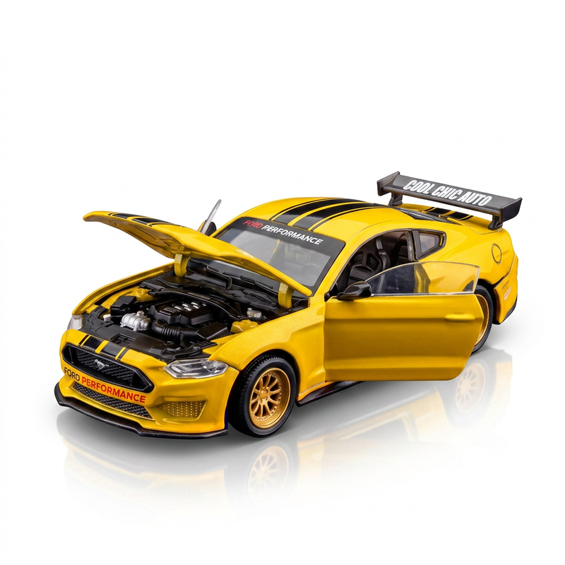 CCA 2018 Ford Mustang GT 1:42 Yellow Diecast Model - DIY Assembly Kit, Realistic Details, Opening Hood and Doors, Ideal Collectible Gift for Car Fans