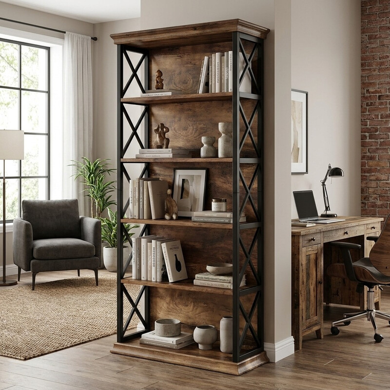 LANTINE 6-stöckiges Bücherregal, 180 cm industrielle Bücherregale und Bücherschränke, bodenstehende 5-Ebenen-Regale hohe Bücherschränke für Home-Office, Wohnzimmer, Schlafzimmer, Braun und Schwarz