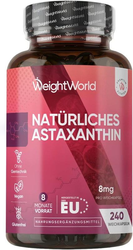 Natürliches Astaxanthin 8 mg pro Portion - 240 vegane Weichkapseln - 1 Weichkapsel pro Tag - Aus Haematococcus Pluvialis Algen - Carotinoide - Frei von Magnesiumstearat - WeightWorld