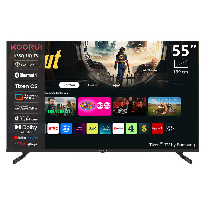 KOORUI K55Q1UQ-T8, 55 inch, 4K QLED, TIZEN TV, Randloos ontwerp, Dynamisch geluid met Dolby Audio, Top-end metalen afwerking