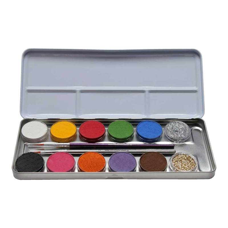 Eulenspiegel 212004 - Professionelle Aqua Schminke, 12 Farben, 2 Profi-Pinsel, Metallpalette
