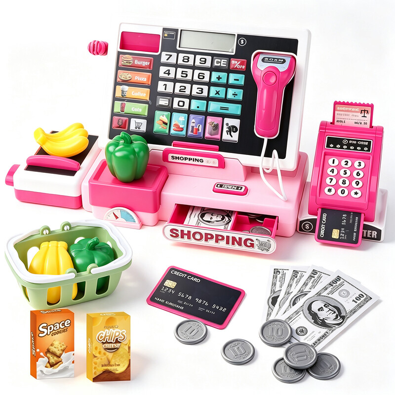 Kinder speelgoed kassa set voor rollenspel, Roze supermarkt kassier speelset met echte rekenmachine, Scannerpistool, Simuleerde weegschaal, Creditekaartlezer, Speelgeld, Muntjes, Faketelekantoorbenodigdheden en boodschappenmand, Educatief kassa rollenspel