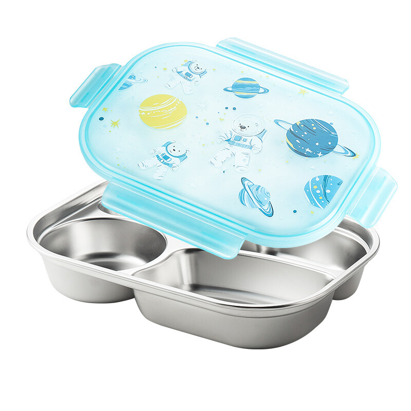 316L Stainless Steel Compartments Plates with PP Lids (astronaut pattern) and four bu