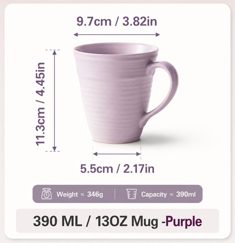 JIWOO Lurcern 390 ml – Edle, großvolumige Porzellantasse in mattem Violett, 1 Stück