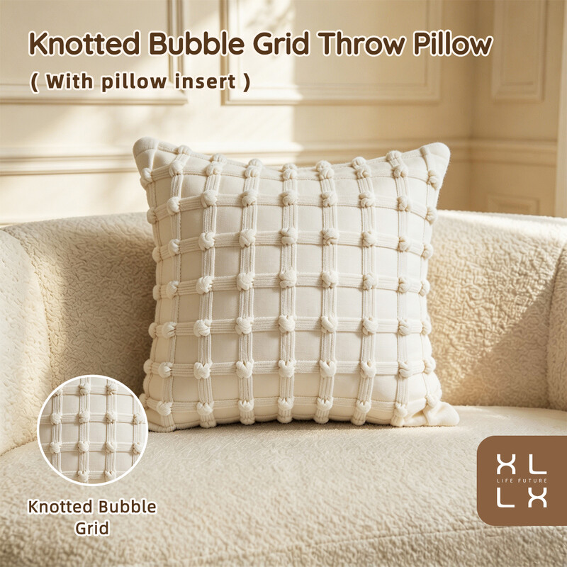 XLLX 1 Stück Creme Knotted Bubble-Grid-Kissen, Inklusive Kissenfüllung, 45x45 cm (18x18”) Getuftetes strukturiertes quadratisches dekoratives Akzentrissen, Neutrales Landhauskissen für Schlafsofa Couch Heimdekoration