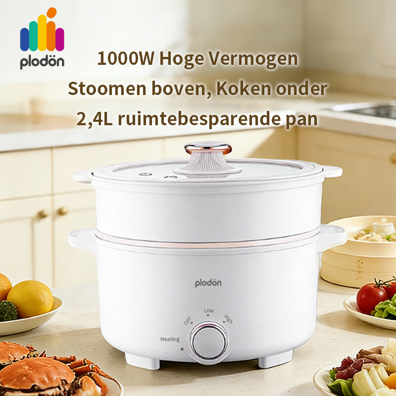 Plodon 1000W 2,4L Multifunktions-Elektro-Topf mit Antihaftbeschichtung, Dampfgarer, Reise-Elektrokocher, Fondue, mit doppelter Leistungsregelung, Schnellkochtopf, für Ramen-Nudeln/Pasta/Eier/Suppe/Haferbrei