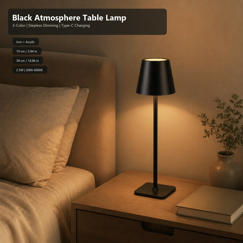 LED-Tischlampe, Kabellose, Wiederaufladbare Tischlampe Mit Touch Control, Auch für Den Außenbereich Geeignet, Dimmer, 3000-6000 K, Höhe 38 cm, Farbe Schwarz