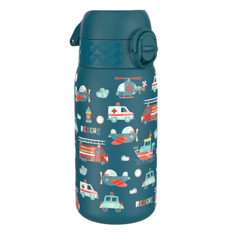 ION8 lichtgewicht waterfles van staal voor kinderen, 400 ml/13 oz, niet geïsoleerd, lekvrij, eenvoudig te openen, veilige vergrendeling, vaatwasserbestendig, past in bekerhouders, draaggreep, metalen waterfles, zeegroen, reddingsvoertuigen