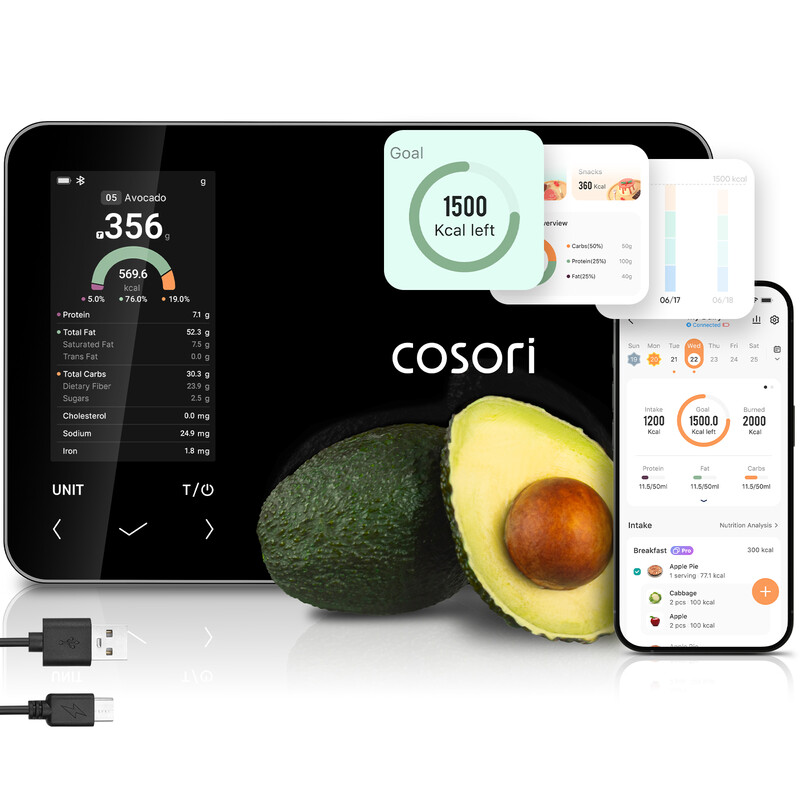 COSORI Smarte Nährwertwaage mit App, Kalorienzählwaage, KI-Scan, Erfassung von 19 Nährstoffen, Lebensmitteldatenbank