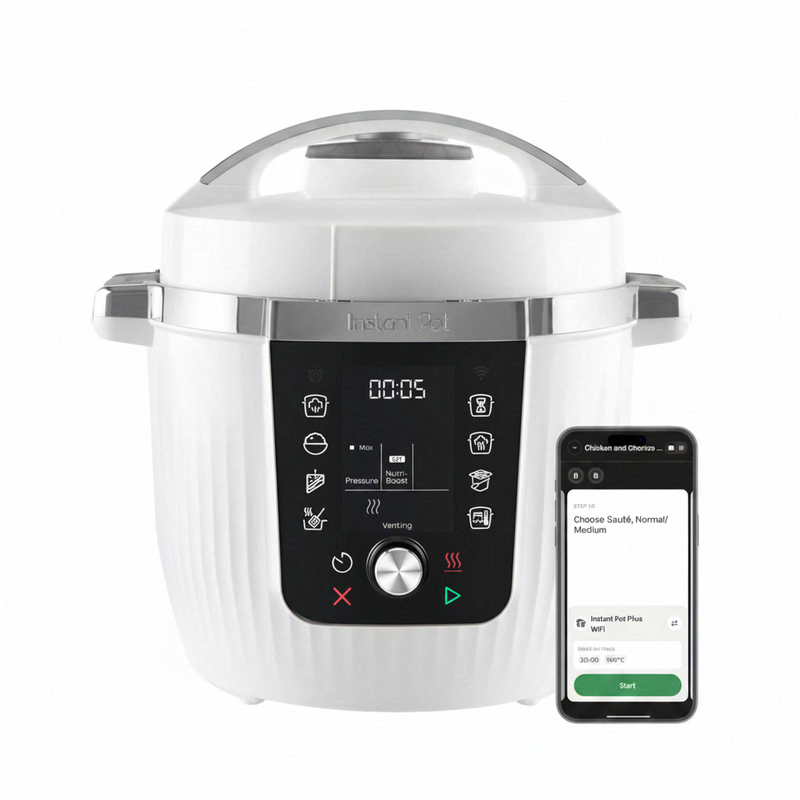 Instant Pot multicooker/drukkookpan, 5,7 L, wit, 10 functies (zacht koken/sauteren/rijstkoken/stomen/yoghurt/vacuüm koken/bakken/NutriBoost & meer)/1200 W/touchbediening/Instant Connect APP-afstandsbediening/LCD-display/stand-by warmhoudfunctie/timer-vert