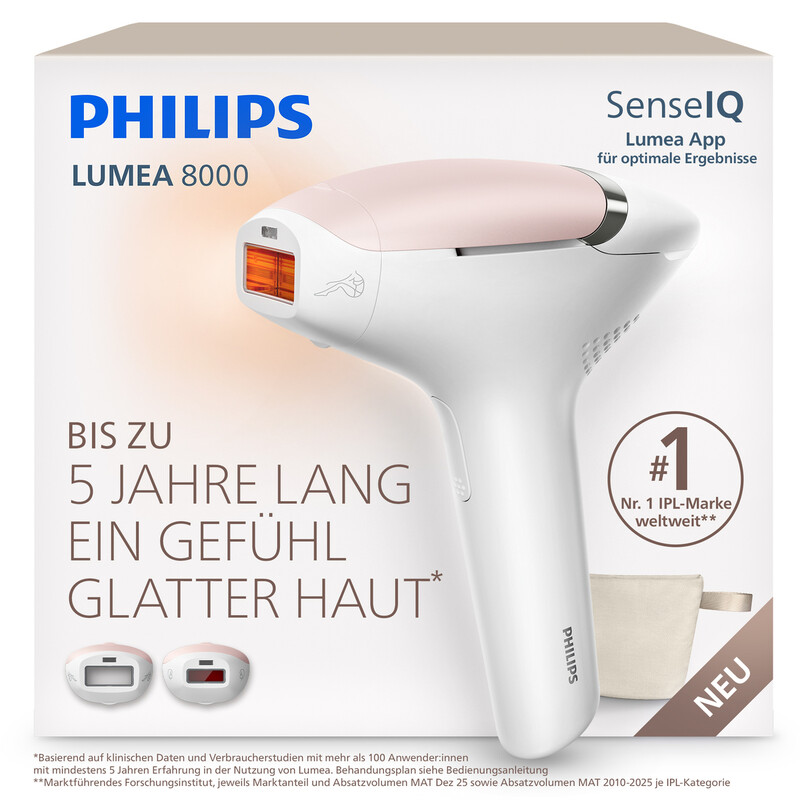 Philips Lumea IPL 8000 Series BRI932/00 IPL-Haarentfernungsgerät, SenseIQ SmartSkin-Sensor, SmartPulse-Technologie, 5 Intensitätsstufen, 2 Aufsätze (Körper & Gesicht), Lumea-App-Anleitung, Netzbetrieb