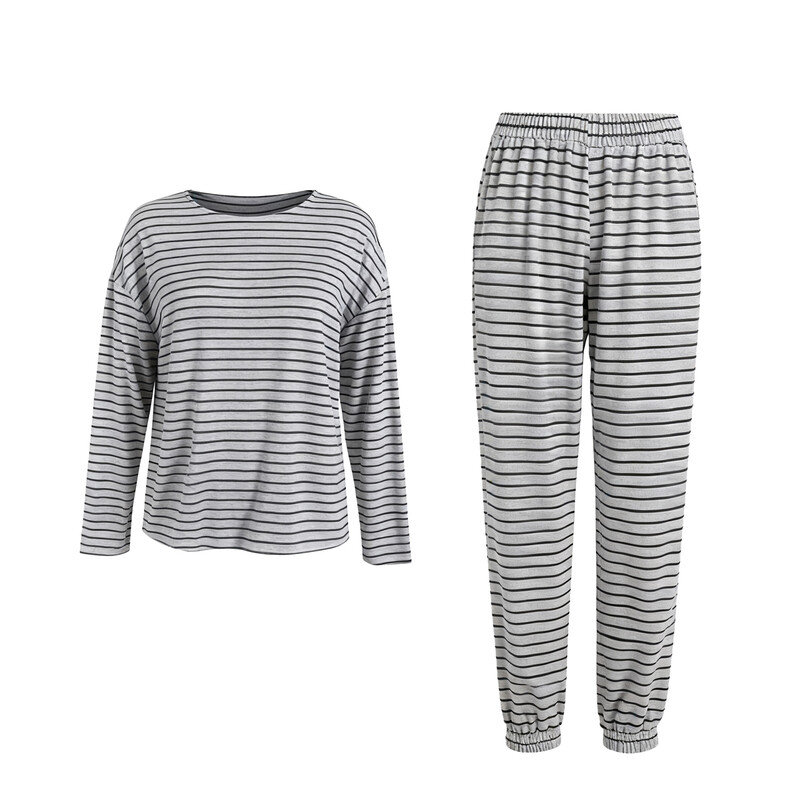 round-neck striped dark grey long sleeved top and pants set S