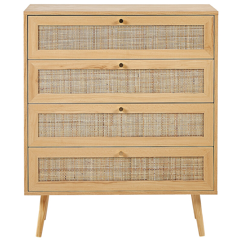 Beliani Rattan 4-Schubladen-Kommode in hellem Holz PEROTE