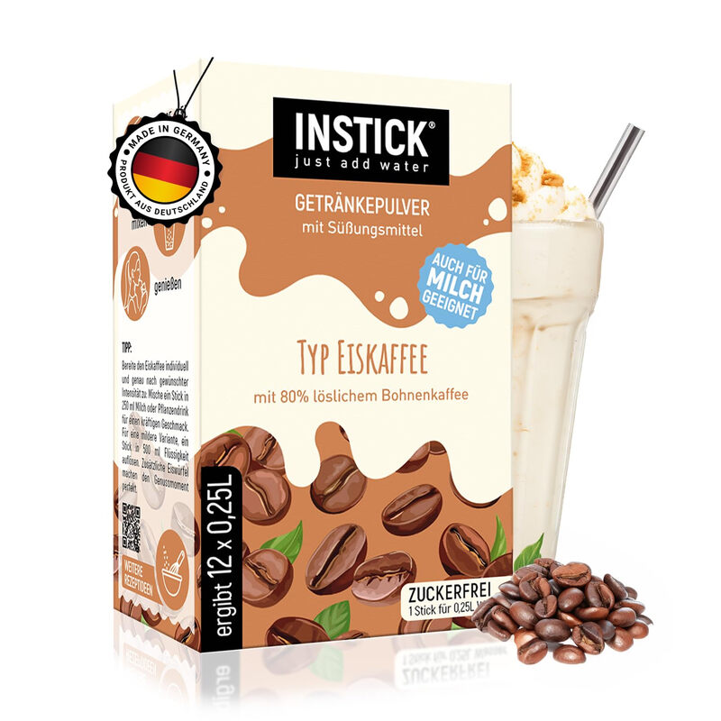 INSTICK Zuckerfreies Instant-Getränk für Milchprodukte (Typ Eiskaffee) - 1 Packung für 12 x 0,25 L - Ideal für Milch, Joghurt, Skyr, Quark- Vegan & Kalorienarm