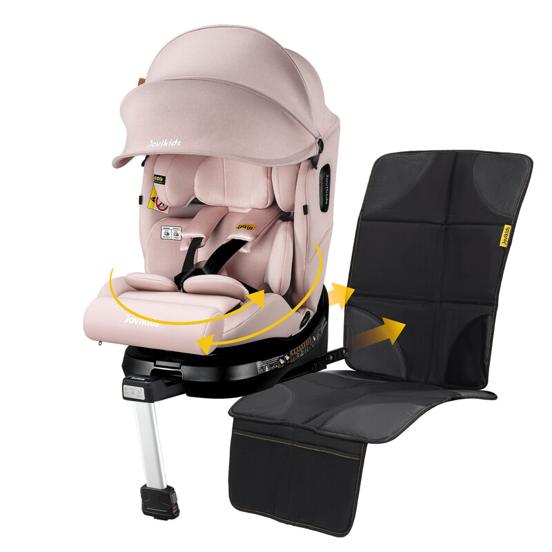 Jovikids Ranger 2 360° draaibare kinderbeveiligingszitting met ISOFIX, i-Size 40–150 cm (Geschikt vanaf de geboorte tot ca. 12 jaar), Babyautostoel met kantelfunctie en afneembare zonneklep, ECE R129, Eenvoudig te reinigen, Inclusief anti-kras pads (Roze)