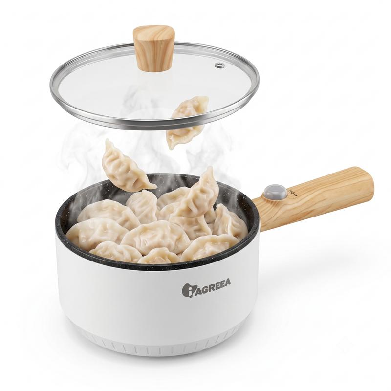 IAGREEA Electric Multi-Pot 1.2L, 1000W Fast Heating Liquid Heater with Non-Stick Marble Coating, Ergonomic Wooden Handle & Glass Lid, Detachable EU Plug, Perfect for Hot Pot, Noodles, and Stir-Fry, Overheat Protection (Model: MS-GFM001)