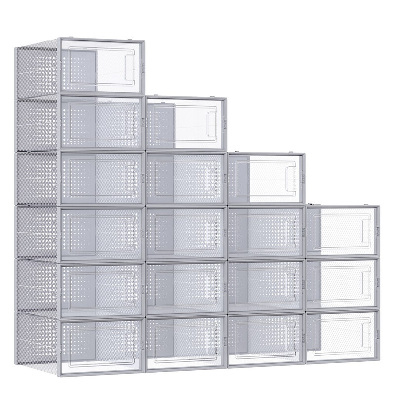 JOYFURNOS Set of 18 Stackable Shoe organisers, Foldable Storage Boxes for Sneakers, Transparent and Grey
