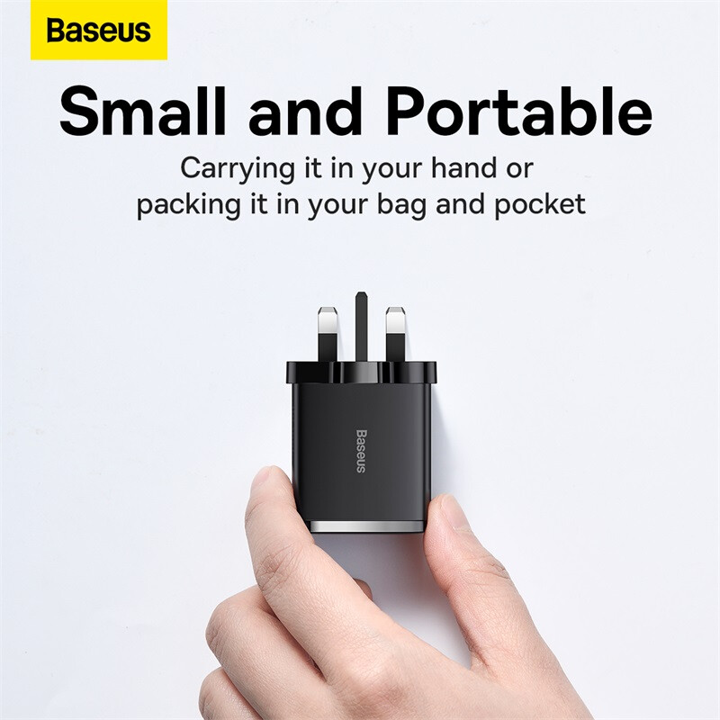 Baseus Quick Charger 2U+C 30W, 3-Port UK Travel Adapter, Black, Compatible with iPhone, Samsung, Google Pixel