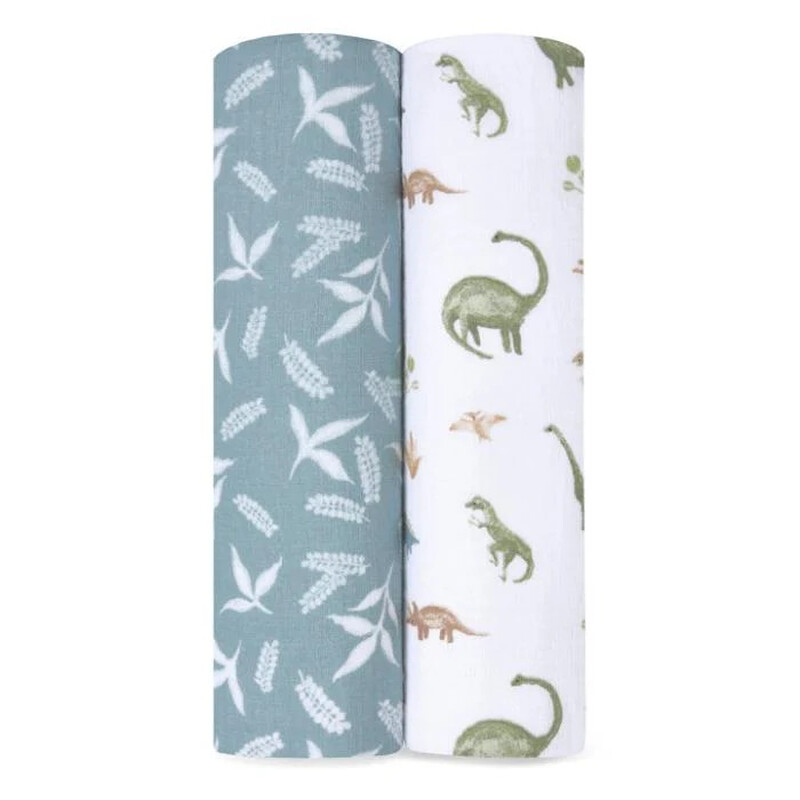 Essentials Cotton Muslin Swaddles 2 Pack Dino Jungle