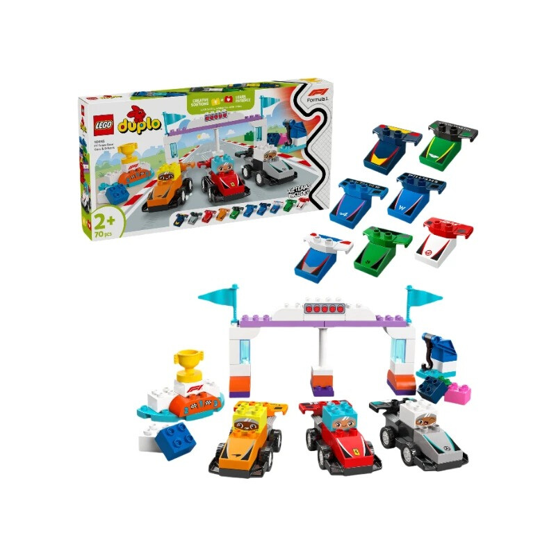 LEGO DUPLO 10445 Town F1 Team Rennautos mit Rennfahrern - Montessori Spielzeug für Mädchen & Jungen - Lernspielzeug für Kinder ab 2 Jahren - 10 Spielz